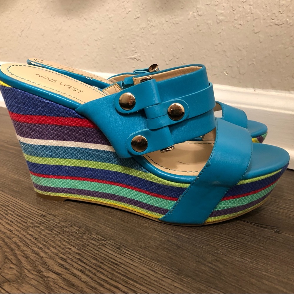 Blue wedges with colorful stripes